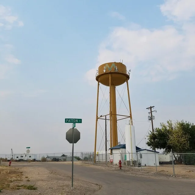 Marsing water tower, photographed from Knob Lane and Patton Street in Marsing, Idaho.
