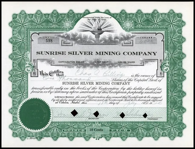 Sunrise Silver Mining Company, Stock Certiticate, 1970 - Osburn, Idaho