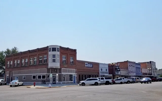 Payette, Idaho, looking southeast at North Main Street and First Avenue North. The Nicolas A. Jacobsen building (1908) is at the corner.