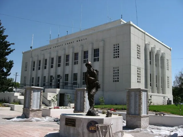 Franklin County Courthouse, Preston, Idaho. With war memorials under construction.