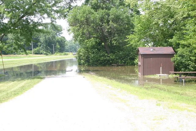 Roadside park along flooded Mississippi River, on Illinois Route 92 west of Andalusia IL.