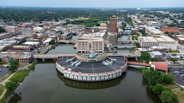 The Aurora, Illinois skyline.