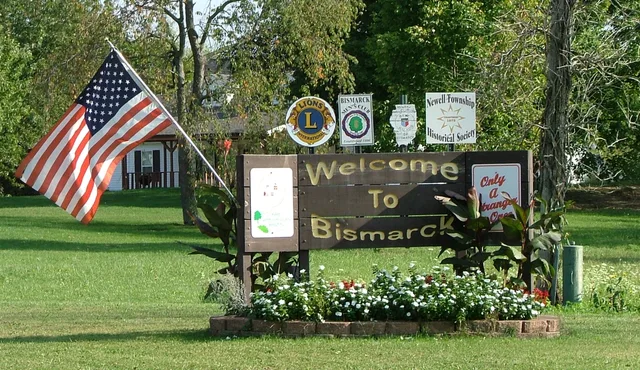 Welcome sign at the west edge of Bismarck, Illinois