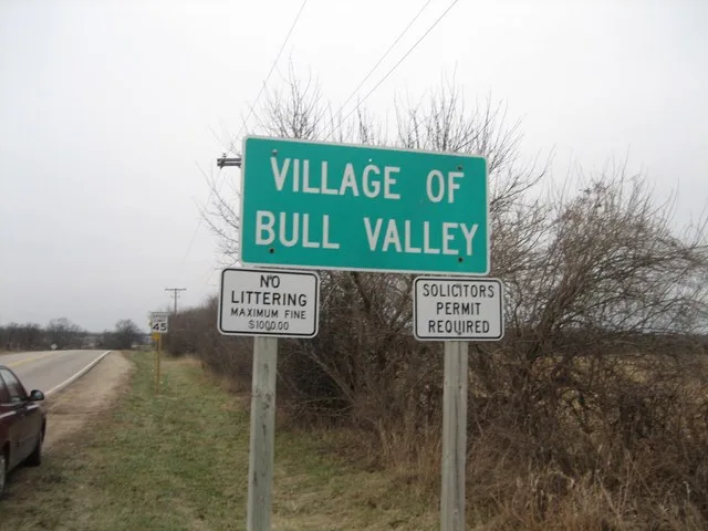Signage marking village. Bull Valley, Illinois, National Register of Historic Places.
