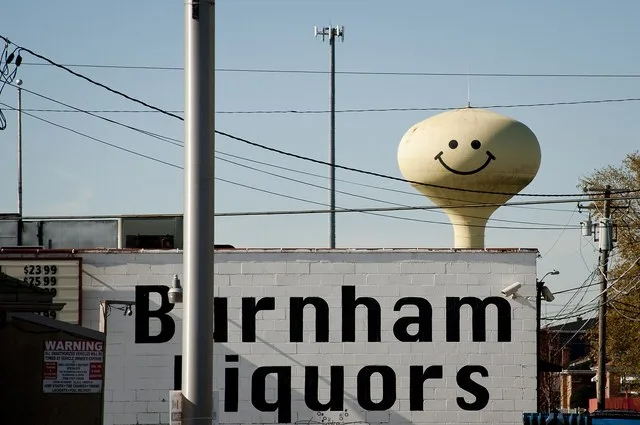 One of two water towers adorned with a smiley in Calumet City, Illinois. (November 2010)