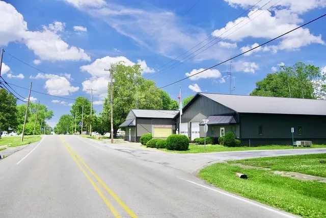 View along Maple Street in Cambria, Illinois, United States; Fire Department and Police Department on the right