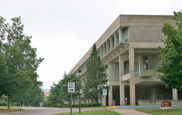 Faner Hall on the campus of Southern Illinois University Carbondale. Example of Brutalist architecture. Design by: Robert Geddes, Bretcher, Qualls and Cunningham