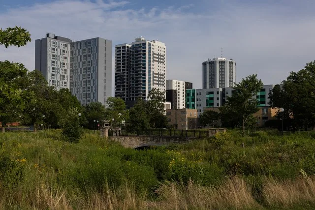 Campustown's skyline seen from Scott Park in Champaign, Illinois. Picture taken in 2024.