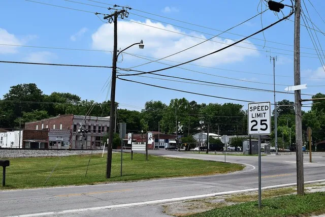 The railroad crossing in downtown Cobden, Illinois .