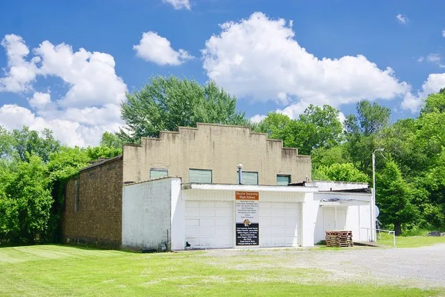Former gym of the Herrin Township Branch High School, a segregated school that served the area's African American residents from 1927 to 1953. A sign on the building commemorates...
