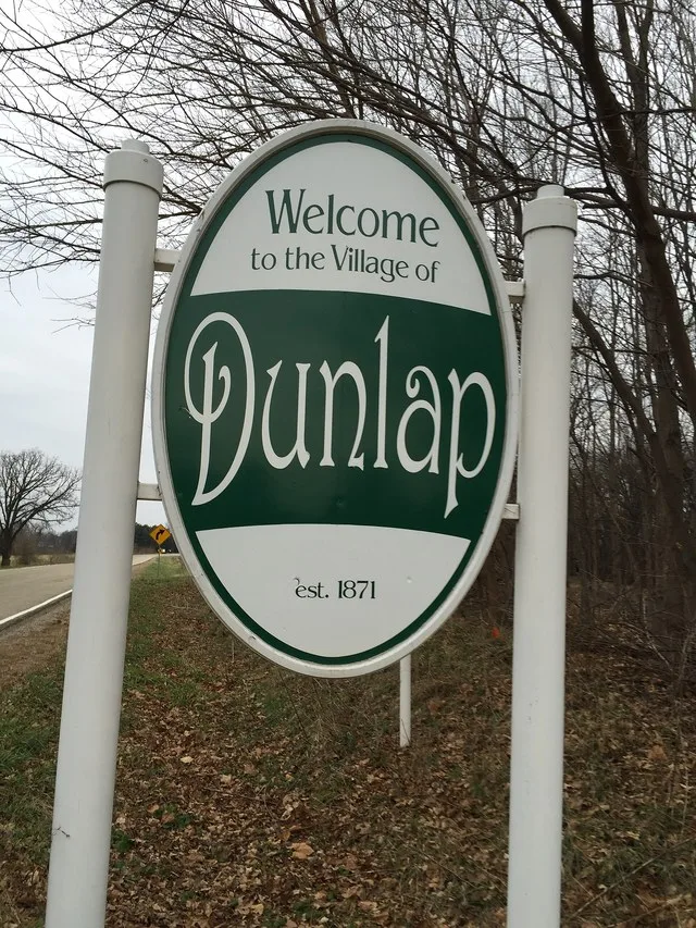 Welcome sign for the village of Dunlap, Illinois