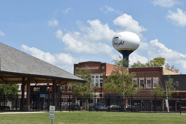 E. Main Street in Dwight viewed from across the railroad tracks. July 2026