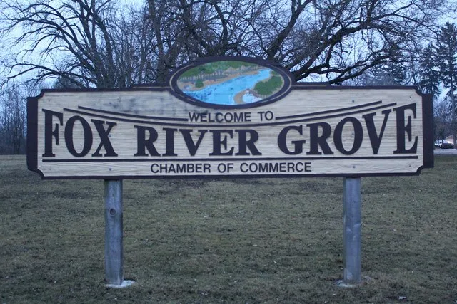Fox River Grove Sign in Lions Park, Fox River Grove, Illinois.