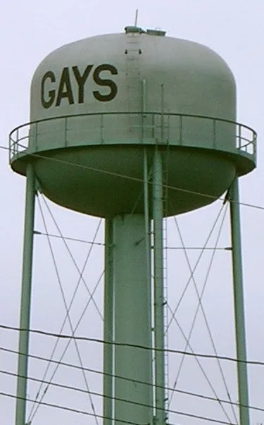 Water tower in Gays, Illinois . Photo taken with a Nikon 3200 and edited with GIMP 2.2.