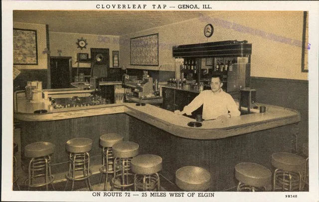 back of card,- When Traveling in our Vicinity- Stop and see the original- CLOVERLEAF BAR- and enjoy our friendly hospitality.- Chuck Patterson