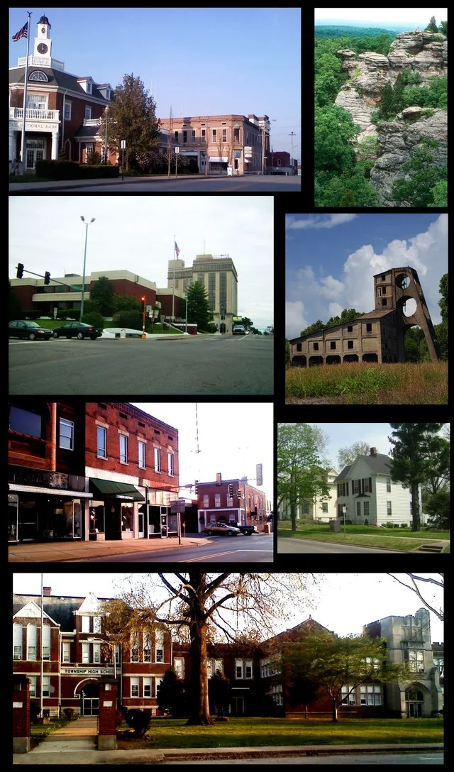Compilation of images I took around Harrisburg . From left to right: 1. North side of town square. 2. Garden of the Gods. 3. Harrisburg National Bank and courthouse. 4. Muddy Ogar...