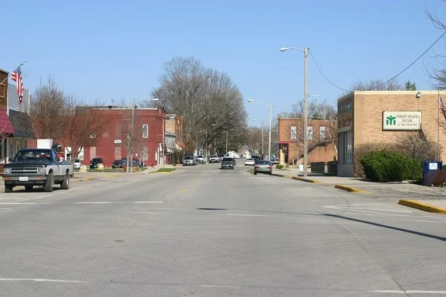 Looking east on Main Street in downtown Heyworth, Illinois.