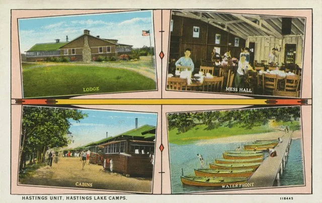 Hastings Unit, Hastings Lake Camp, Y.M.C.A., 4 photos showing lodge, mess hall, cabins, water front