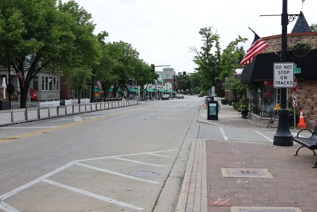 View of downtown Northbrook, Illinois looking down Shermer Rd