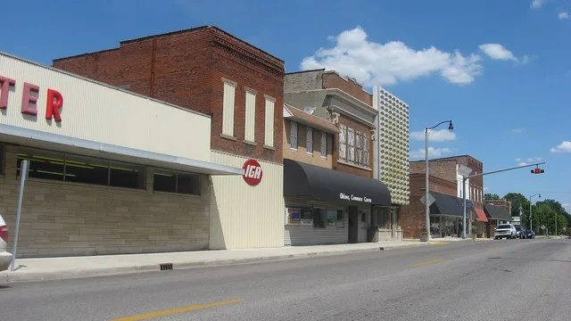 Buildings on the northern side of the 100 block of W. Main Street ( Illinois Route 33 ) in Oblong , Illinois , United States .