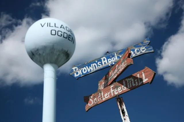 Signpost in Ogden, Illinois. Watertower in the background