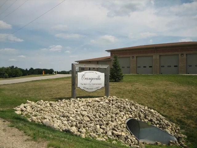Sign upon entering the village of Orangeville, Illinois, USA.