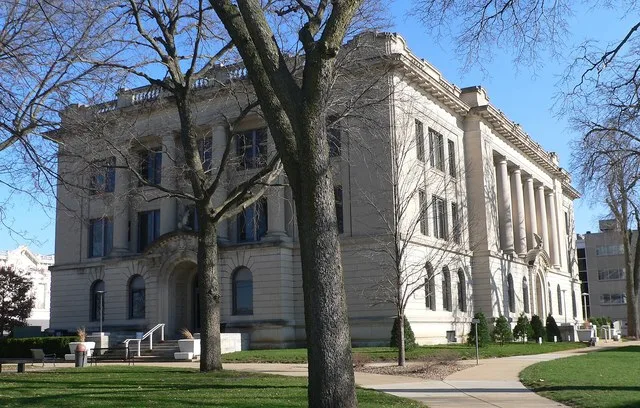 Tazewell County, Illinois courthouse, occupying most of the block between 4th and Capitol and between Elizabeth and Court Streets in Pekin, Illinois . The building's long axis run...