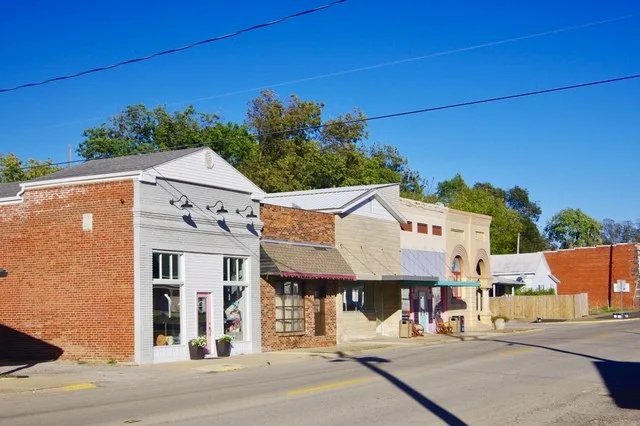Businesses along Main Street in Ridgway, Illinois, United States.