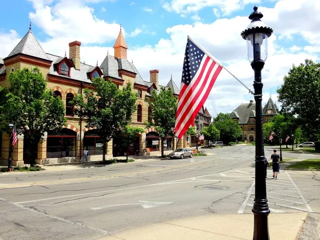 Downtown Riverside, Illinois looking toward the Arcade Building and Town Hall.