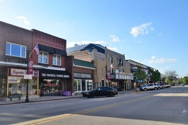 Buildings on the west side of the 400 block of Lincoln Highway in downtown Rochelle, Illinois . The buildings are part of the Rochelle Downtown Historic District , which is listed...