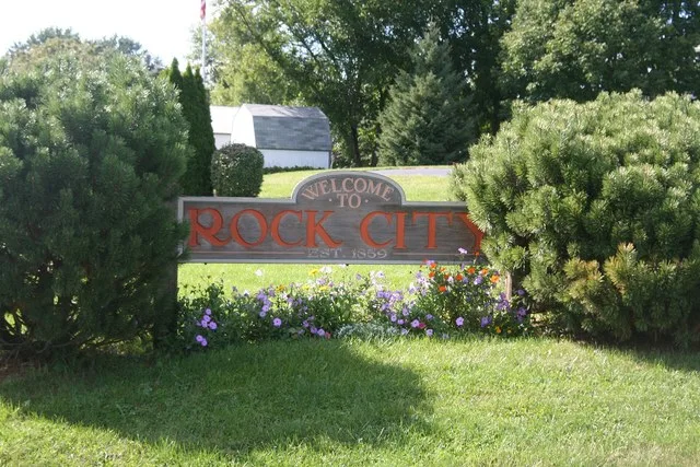 Sign leading into Rock City, Stephenson County, Illinois, USA.