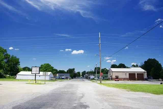 View along Main Street in Royalton, Illinois, United States. Illinois Route 149 approaches from the distance and exits left (west) along 3rd Street in the photograph.