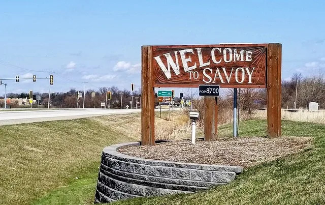 Welcome sign on the south side of Savoy, Illinois, United States