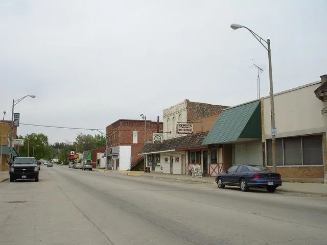 Buildings in the main business district of Seneca, Illinois, USA