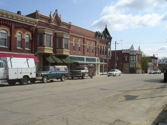 W.E. White Building (near corner) and downtown Stockton, Illinois, White Building listed on U.S. National Register of Historic Places