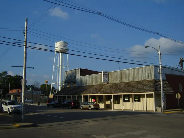 The main road through Washburn, Illinois : Washburn Foods, an independent grocery, and the police station in the background. This picture is a few years old: the water tower has s...