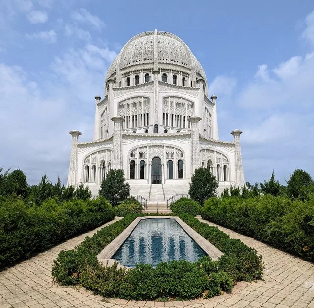 Bahá'í House of Worship in Wilmette, Illinois; exterior and gardens, photographed on August 10, 2021