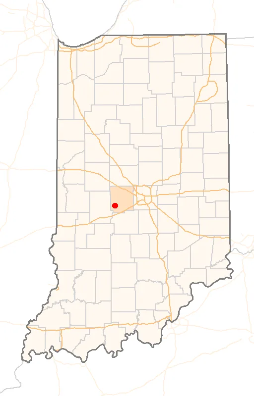 Red Dot map of Indiana, showing the location of Amo
