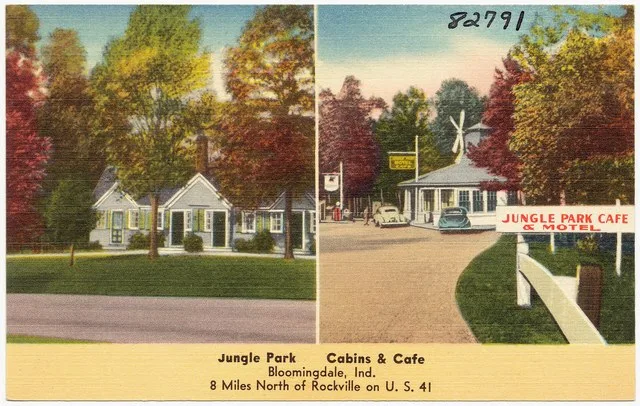 Title: Jungle Park Cabins & Café, Bloomingdale, Ind., 8 miles north of Rockville on U. S. 41 Subjects: Cabins Places: Indiana > Parke (county) > Bloomingdale Notes: Title from ite...