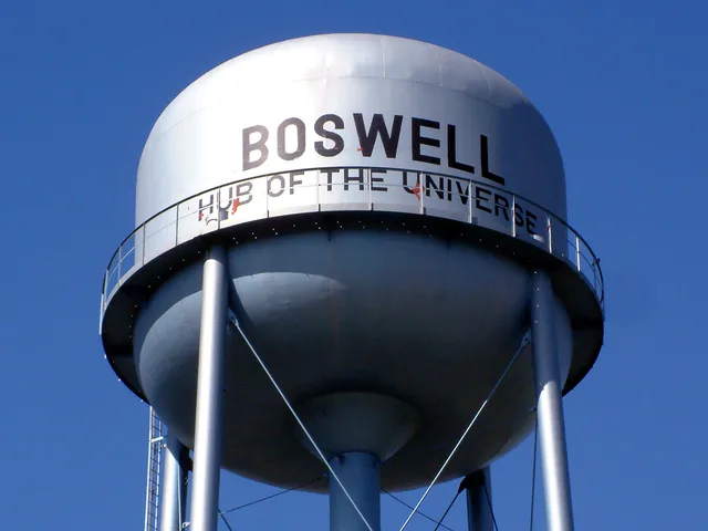 The Boswell, Indiana water tower, photographed from North Adams Street. The lettering reads, "Boswell, Hub of the Universe".
