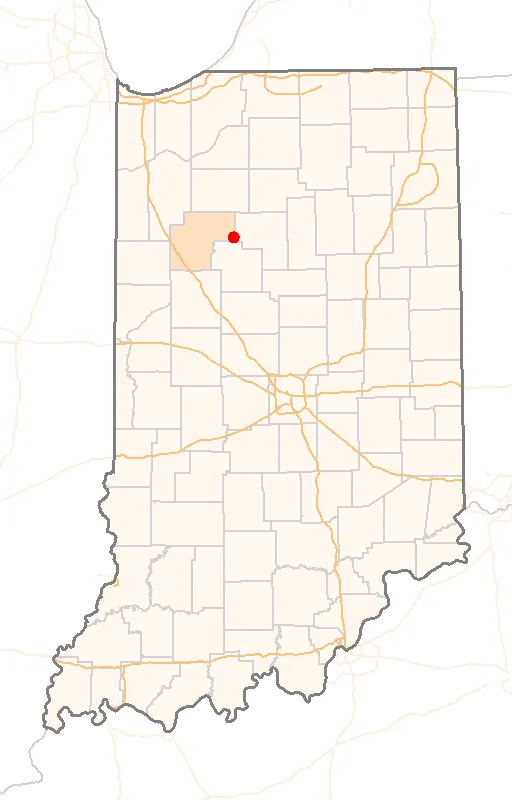 Red Dot map of Indiana, showing the location of Burnettsville