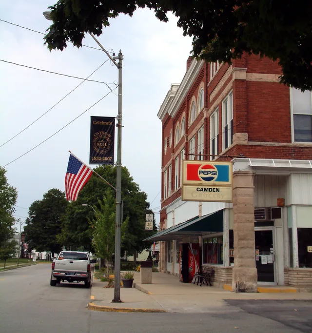 Main Street in the town of Camden, Indiana . Photo looks west toward Camden Grocery from near the intersection of Main and Monroe.