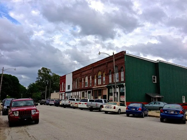 A south-facing view of Downtown Chalmers, Indiana.