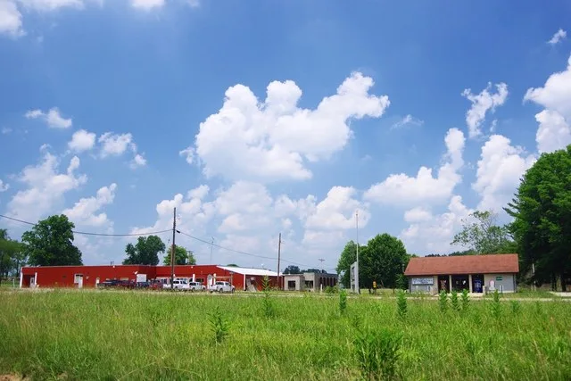 Buildings at the intersection of State Road 558 and Blandy Street in Crane, Indiana, United States.