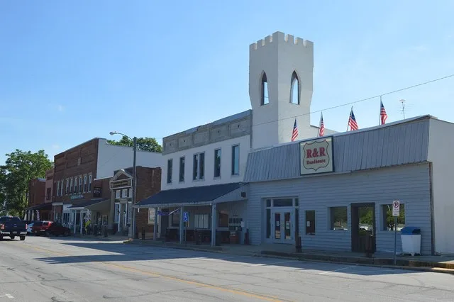Buildings on the eastern side of Jefferson Street ( State Road 5 ) just north of Orange Street in Cromwell , Indiana , United States . This block is part of the Cromwell Historic...