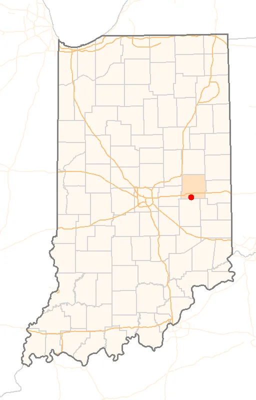 Red Dot map of Indiana, showing the location of Dunreith