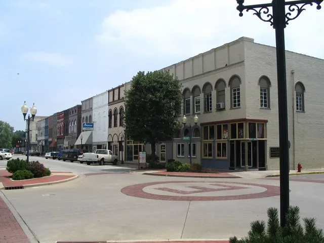 Looking East in downtown Edinburgh, Indiana. The main street buildings were all given a uniform look after being destroyed by fire in the 1870's.