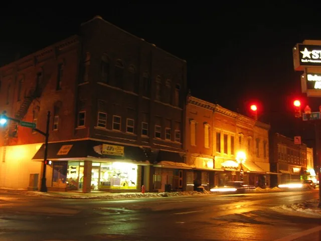 Buildings on the northwestern corner of the intersection of Anderson ( State Road 13 ) and A Streets in central Elwood , Indiana , United States . These buildings are part of the...