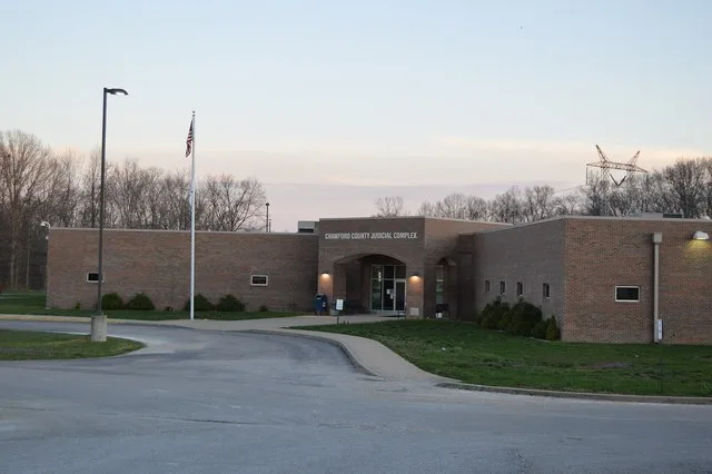 Front of the Crawford County Courthouse, located at 715 Judicial Plaza Drive in English , Indiana , United States . It was built in 2003.