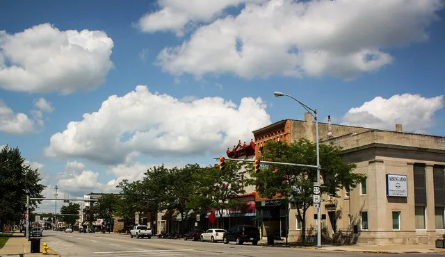 Main Street at Lincoln Avenue, looking northeast, in Downtown Goshen, Indiana, United States